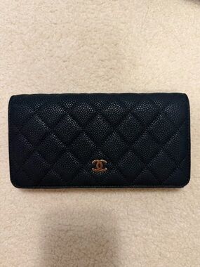 Authentic Chanel Quilted Black Leather Wallet with Silver CC Logo